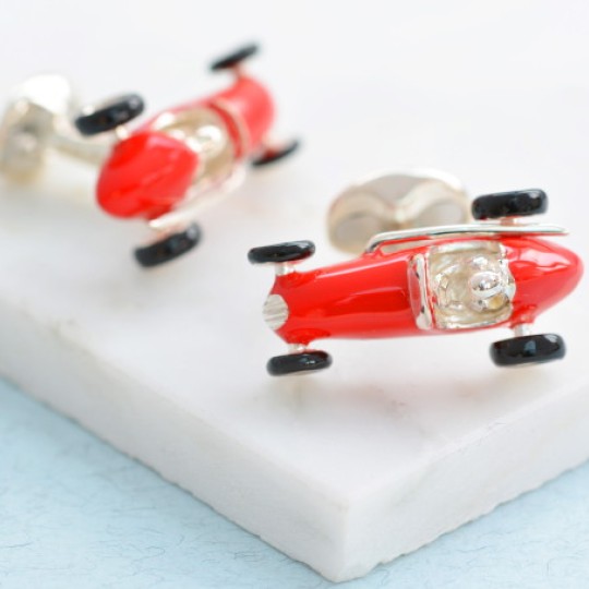 Solid Silver Red Racing Car Cufflinks