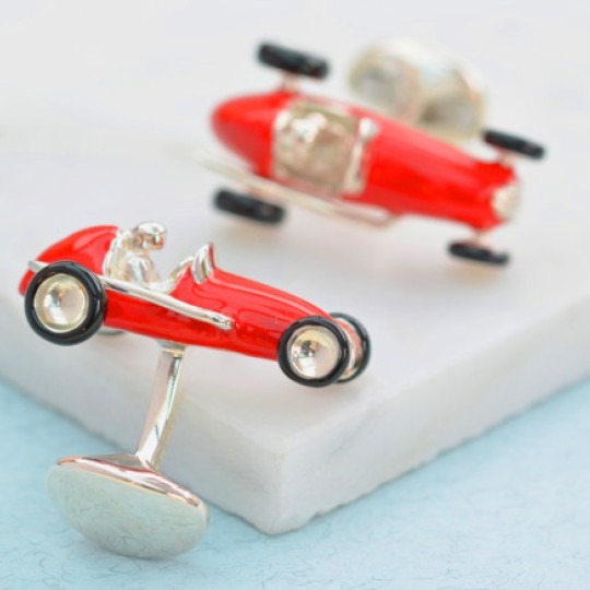Solid Silver Red Racing Car Cufflinks