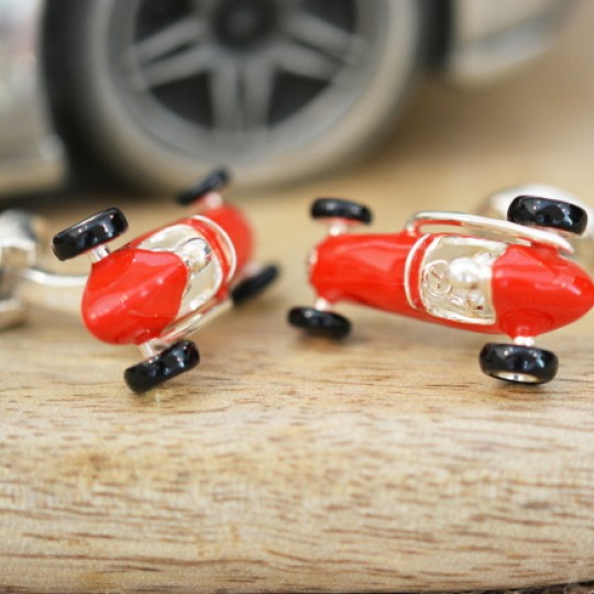 Solid Silver Red Racing Car Cufflinks